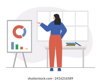 Woman indoors analyzing chart on board, business at home. Character design. Vector flat illustration