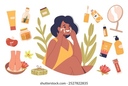 Mujer Disfrutando De Sesión De Cuidado Personal Rodeada De Varios Productos De Belleza Y Elementos Naturales Que Enfatizan El Bienestar