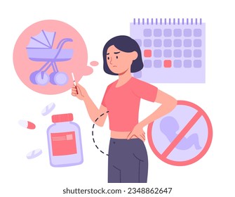 Woman with infertility concept. Young girl with pills near menstruation calendar. Ovulation and fertility problems, reproductive system. Treatment of disease. Cartoon flat vector illustration