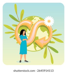 Uma mulher com um símbolo infinito englobando um globo com embelezamentos florais, simbolizando a ecologia, a eco-sustentabilidade e a responsabilidade ambiental. Energia sustentável.