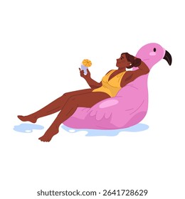 Woman at inflatable flamingo toy and drink. Vector swimming lady at pool or ocean, sea. Summer float or swim activity. Female with rubber floatie at waves. Summerday and relaxation,recreation and rest