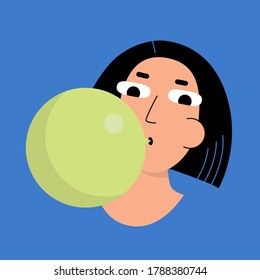 Woman inflating a bubble from a chewing gum flat style vector illustration.