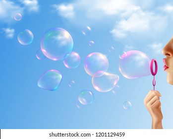 Woman inflating soap bubbles on background with blue sky realistic vector illustration