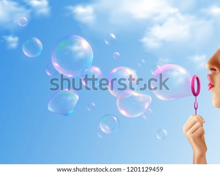 Woman inflating soap bubbles on background with blue sky realistic vector illustration