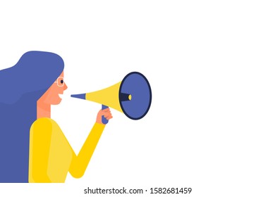 Woman influencer is holding bullhorn. Isolated on white background. Flat style stock vector illustration.