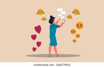 Woman influencer make selfie and blogger broadcast. People live online posing and subscribes fun vector illustration concept. Video vlog from smartphone device and content creator online video