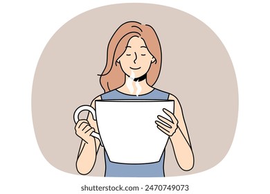 Woman inhales aroma of invigorating coffee and holds huge mug of drink for morning awakening. Girl with large portion of drink makes coffee break to gain strength for productive work.