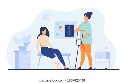 Woman with injured broken leg in plaster cast sitting in doctor office, taking X ray and crutch. Vector illustration for trauma, hospital, treatment, physiotherapy concept