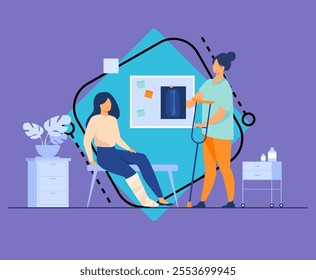 Woman with injured broken leg in plaster cast sitting in doctor office, taking X ray and crutch. Vector illustration for trauma, hospital, treatment, physiotherapy concept