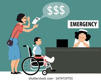 Woman with an injured child in a wheelchair at the emergency room receiving a hospital bill, EPS 8 vector illustration