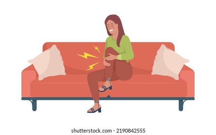 Woman With Injured Knee Semi Flat Color Vector Character. Leg Pain Problem. Editable Figure. Full Body Person On White. Simple Cartoon Style Illustration For Web Graphic Design And Animation