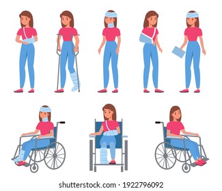 Woman with injury. Female character with wounds, fractures and physical trauma, medical treatment with bandages and plaster collection. Broken bones, patient in wheelchair vector cartoon isolated set