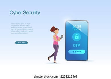 Una mujer ingresa OTP una contraseña, dos factores de autenticación en el smartphone para desbloquear y acceder a la red de datos del negocio. Protección de la seguridad empresarial frente a ciberataques.