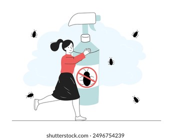 Mujer con insecticida. Chica joven con repelente de insectos. Turista con repelente para proteger contra las picaduras. Producto químico de verano para la piel. Ilustración vectorial lineal aislada sobre fondo blanco