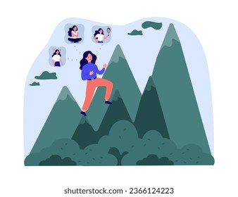 Woman with insecurities climbing mountain vector illustration. Cartoon drawing of girl overcoming complexes, self-improvement journey. Self-love or self-acceptance, personal growth concept