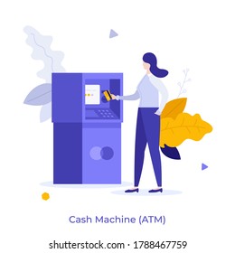 Woman inserting card into ATM slot. Concept of automated teller machine, financial transaction, banking services, cash withdrawal, bank deposit access. Modern flat vector illustration for banner.