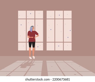 Woman inside in comfort and snow outside window, flat vector stock illustration with room with window and shade, winter concept