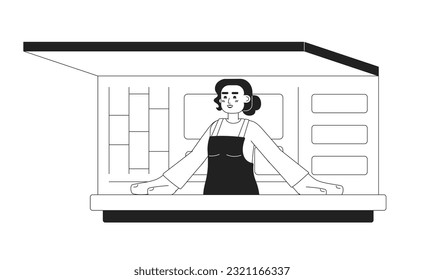 Woman inside food track monochromatic flat vector character. Editable thin line half body cheerful female waiting for orders on white. Simple bw cartoon spot image for web graphic design
