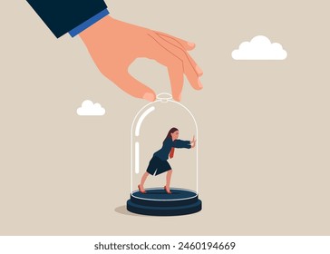 Woman inside the glass try to push so hard to break boundary. Difficulty prevent from improvement or success. Flat vector illustration