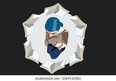 Woman inside of light circle surrounded of open books isolated on black background