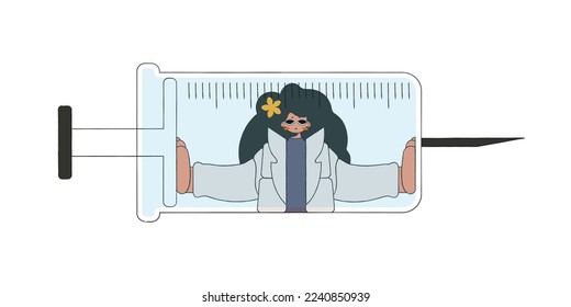 The woman is inside the syringe. Addiction and drug treatment.