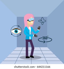 woman inside virtual reality and futuristic game