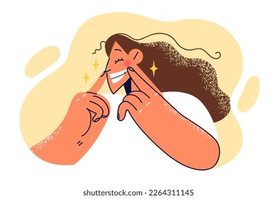 Woman with insincere smile tries to manipulate own emotions in order to show fake opinion about person or purchased product. Girl with fake smile hides real feeling and imitates laughter or joy 