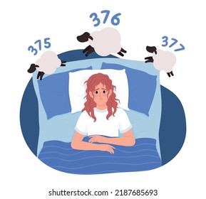 Woman with insomnia in bed 2D vector isolated illustration. Tired flat character on cartoon background. Colourful editable scene for mobile, website, presentation. Chewy Regular font used