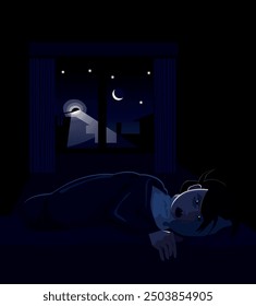 Woman with insomnia in bed - difficulty sleeping - worry or sick. Night
