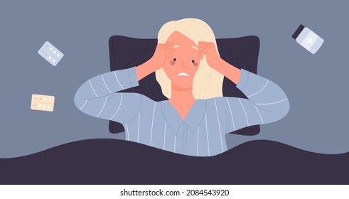 Woman with insomnia lying in bed, top view vector illustration. Cartoon sleepless female character suffering from sleeplessness, sleeping pills around. Insomnia treatment, problem of sleep concept