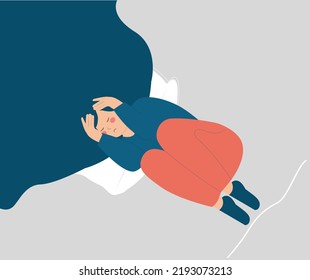 Woman with insomnia on bed covering her face. Small frightened girl having bad nightmare in bedroom at night. Child panicking, looking fearful and anxious, feeling horror. Sleeping problem, phobias.