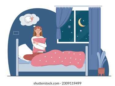 Mujer con insomnio. Una joven sin dormir en pijama se sienta en la cama por la noche e intenta dormir. Rutina diaria equivocada y trastorno psicológico, problemas mentales. Dibujo vectorial plano de dibujos animados