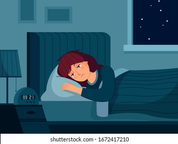 Woman with insomnia. Sleepy female character who cant sleep, depressed person worried nightmares and lying bed with open eyes vector illustration. Woman insomnia and tired, sleeplessness and thinking