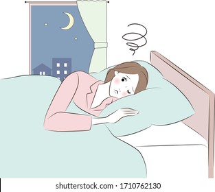 Woman with insomnia. Sleepy female character who cant sleep, depressed person worried about nightmares and lying bed with open eyes vector illustration. 