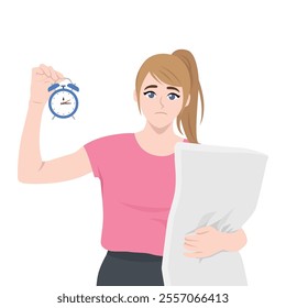 Woman with insomnia. Sleepy female character who cant sleep holding pillow and alarm clock. Flat vector Character Illustration