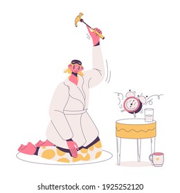 Woman with insomnia smashes alarm clock with hammer. Concept illustration with sad female character in bathrobe sleepy in the morning