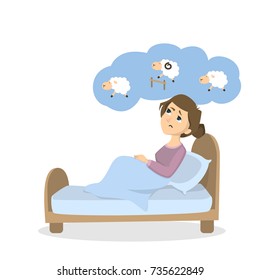 Woman with insomnia. Trying to count sheep on white background..