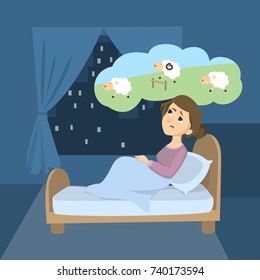 Woman with insomnia. Trying to count sheep in the room.
