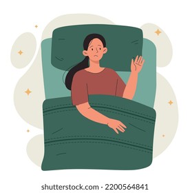 Woman with insomnia. Young girl lies on bed at night with her eyes open. Mental health, psychological problems and disorder. Stress and fears, wrong daily routine. Cartoon flat vector illustration