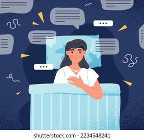 Woman with insomnia. Young girl lies on bed at night. Mental problems and psychology, sleep disorder. Wrong daily routine metaphor. Poster or banner for website. Cartoon flat vector illustration