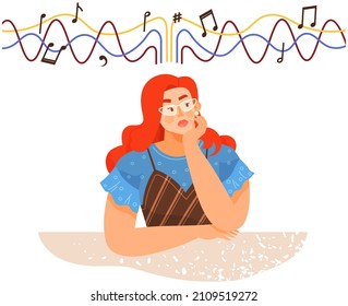 Woman with inspirational, imaginative, creative thinking. Different mental mindset types. Mind behavior, creativity, inspiration, development of imagination. Lady thinks about music, musical art
