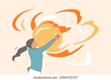 Woman inspired by big dream and inspiring goal, grabs glowing ball with hands, symbolizing chance for success. Concept of trying not to miss chance in your personal life or career.