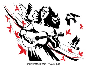 A woman inspired plays guitar on the background of flying birds and leaves.