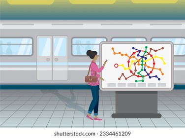 Woman at instruction, guidance map information sign at train, subway station. Vector illustration.