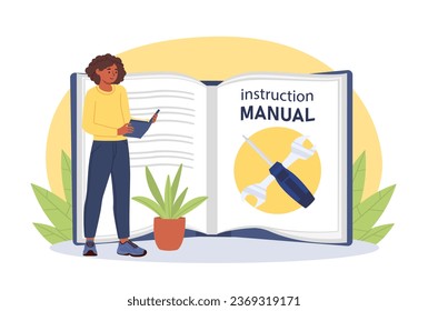 Woman with instruction manual concept. Young girl near open book with screwdriver and wrench. How to fix problems in home. Guide for users and customers. Cartoon flat vector illustration