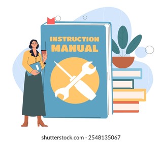 Mulher com manual de instruções. Menina jovem perto de um grande guia. Informações e respostas para perguntas frequentes. Ilustração de vetor plano isolada no plano de fundo branco