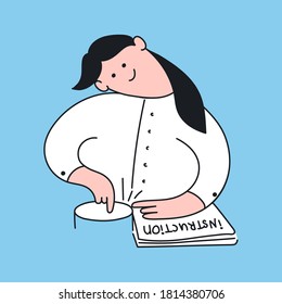 A woman with instruction pushing the key button. Push, launch, access, registration, switch on, login, password, accessibility concept. Flat thin line vector illustration on blue