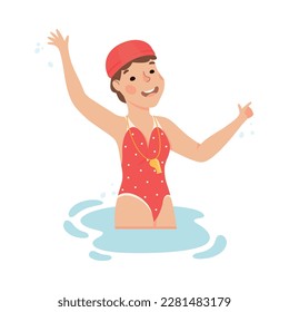 Woman Instructor in Swimming Pool in Cap with Whistle Vector Illustration