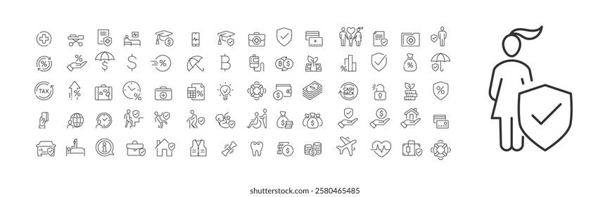 Woman insurance concept with woman, shield and many icon sets, insurance service, safety and accident protection. Flat vector illustration, isolated on white background. Editable stroke.