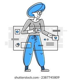 Woman intellectual worker making analysis of some data on pc or web, data systematization, collecting and analyzing information, vector outline illustration.